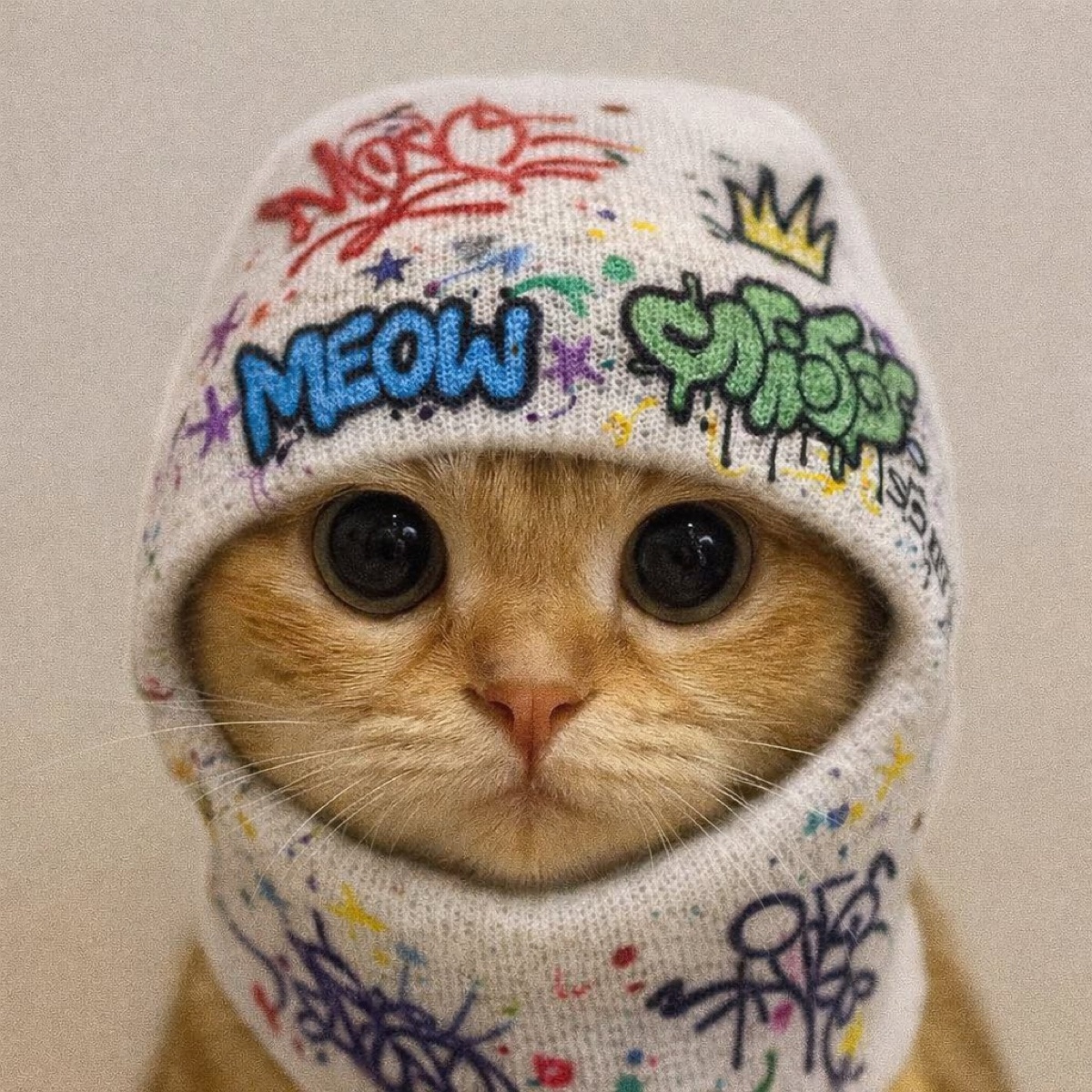 A cat in a white balaclava covered in colorful graffiti reading MEOW