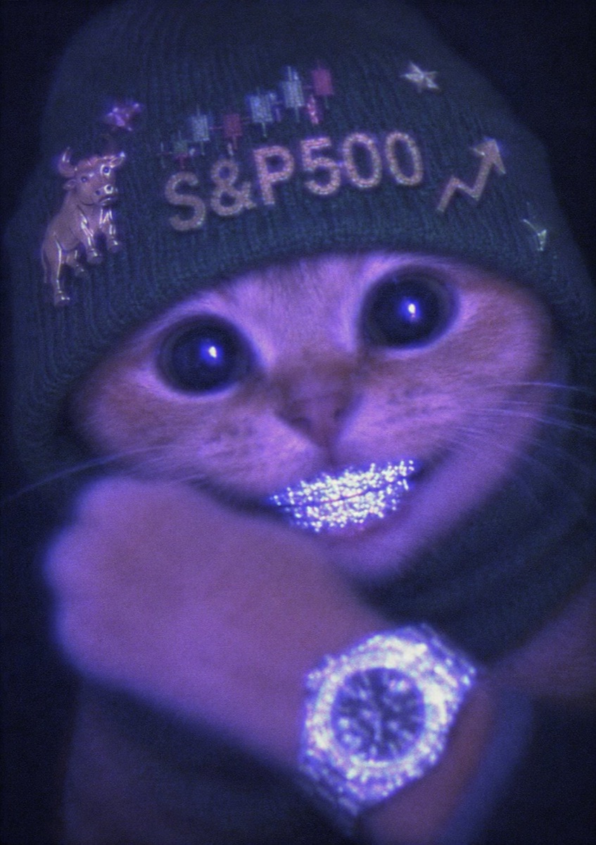 A grinning cat in an S&P500 beanie wearing diamond grillz and an iced-out watch