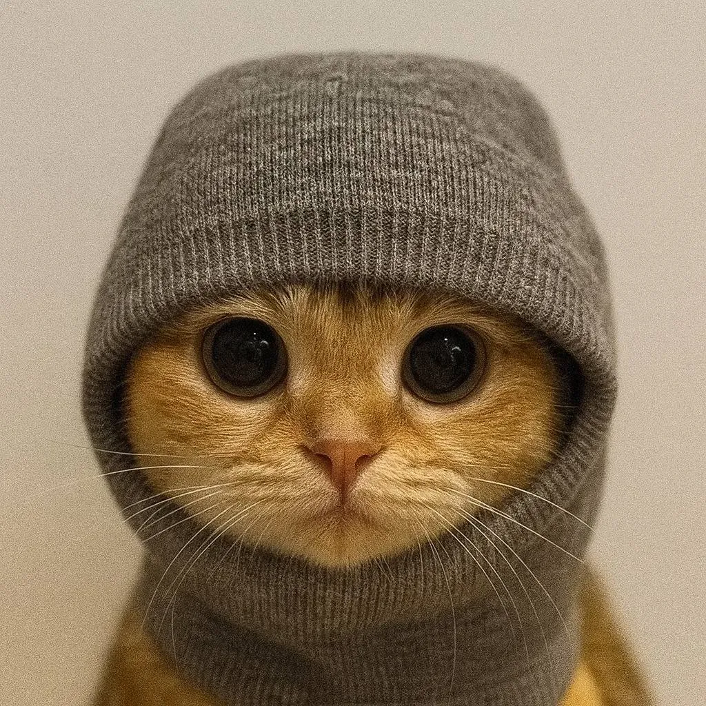 An orange cat wearing a grey knit sock as a balaclava, staring directly at you