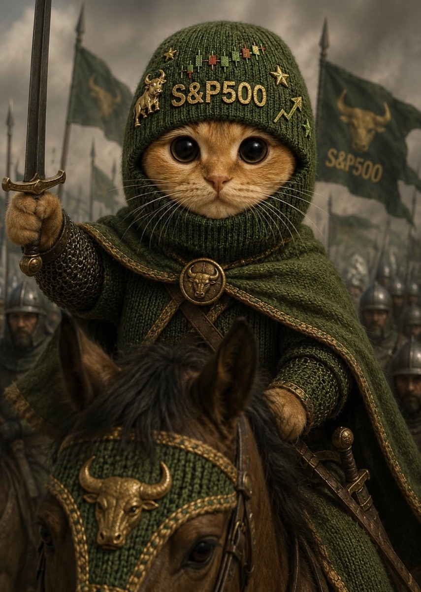 A kitten in a green S&P500 balaclava riding a horse, leading an army under bull-market banners