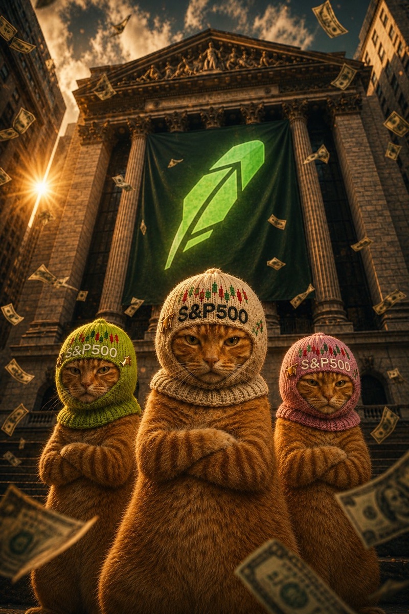 Three cats in S&P500 balaclavas standing in front of the stock exchange under a Robinhood banner