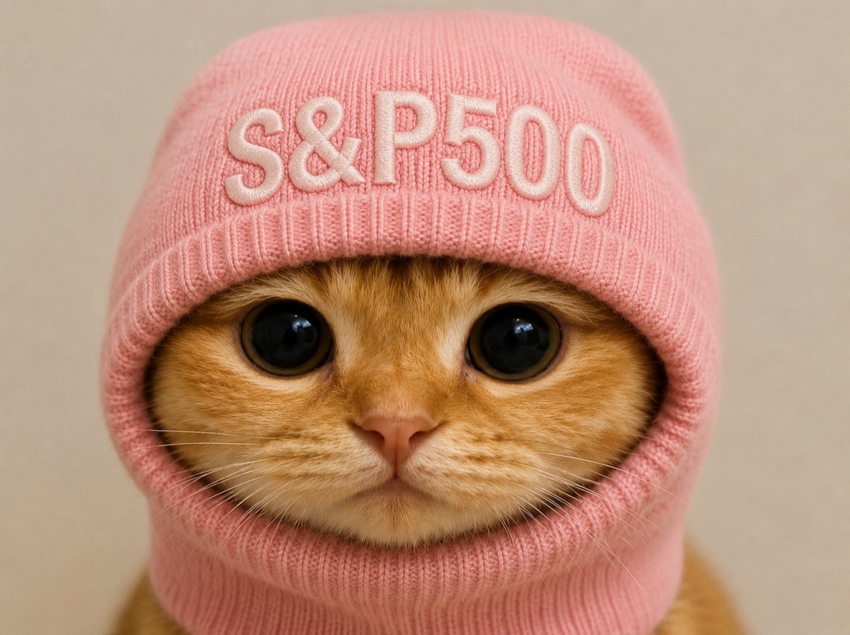A kitten in a pink knitted S&P500 balaclava looking at the camera