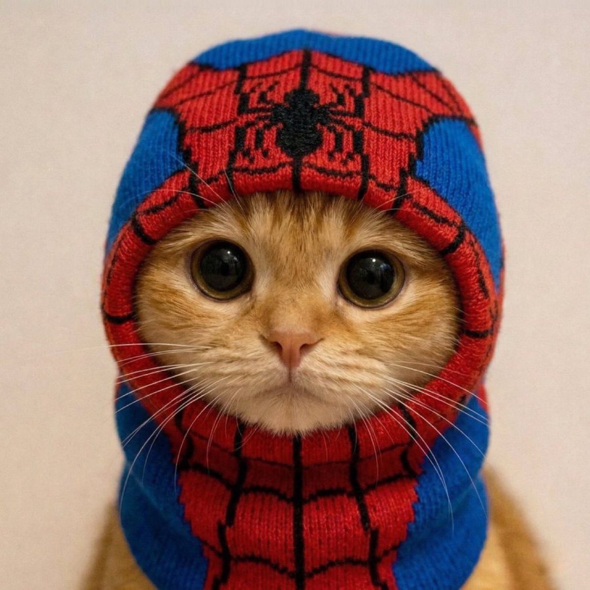 A cat wearing a knitted Spider-Man balaclava