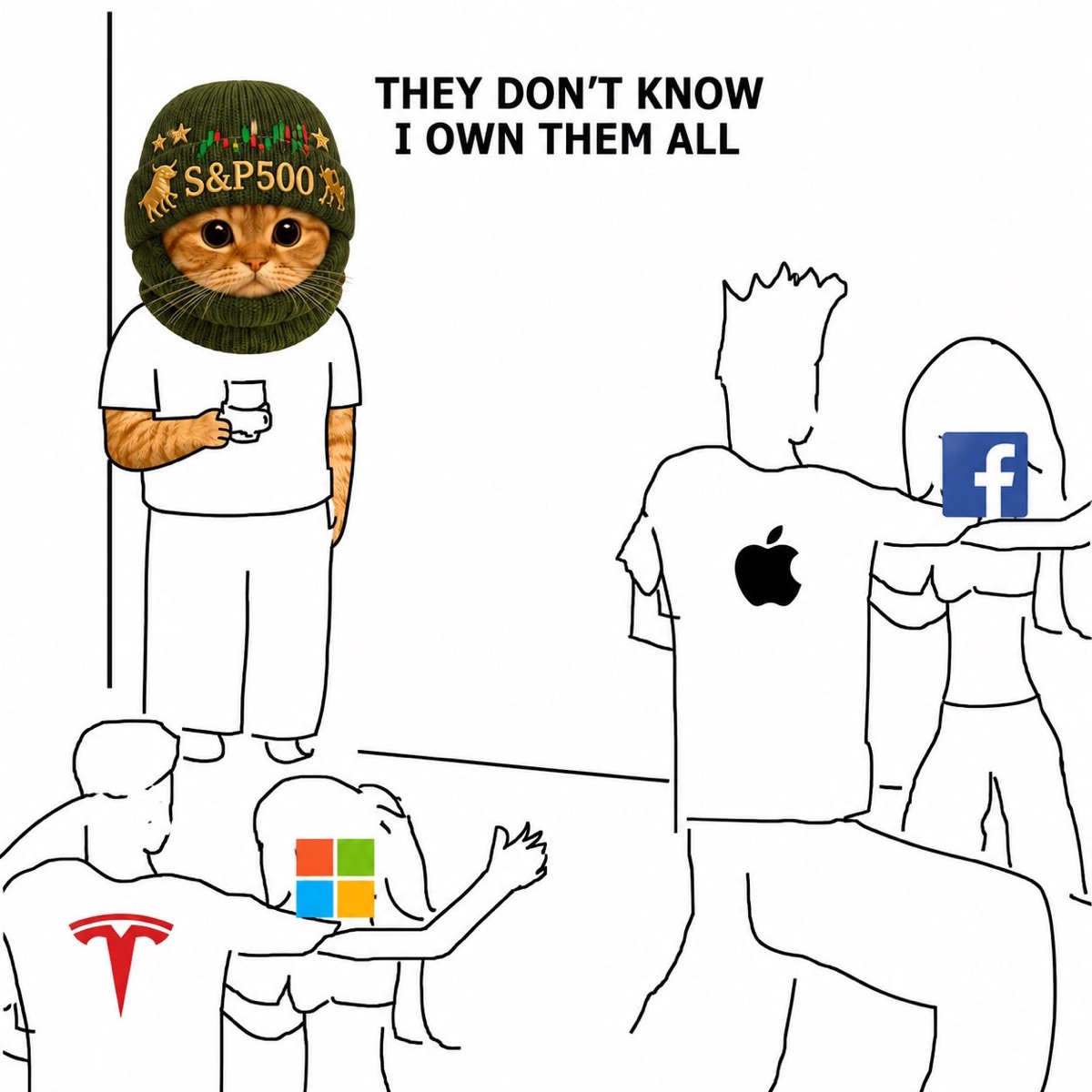 Meme: a cat in an S&P500 beanie stands alone at a party thinking 'they don't know I own them all' while people wear Apple, Tesla, Microsoft and Facebook logos